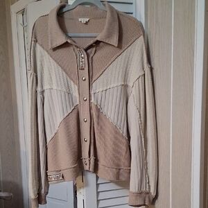 POL Textured Knit Cardigan in Beige and Cream